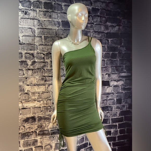 Olive Green 1 Shoulder Mini Summer Bodycon Dress - Picture 2 of 8